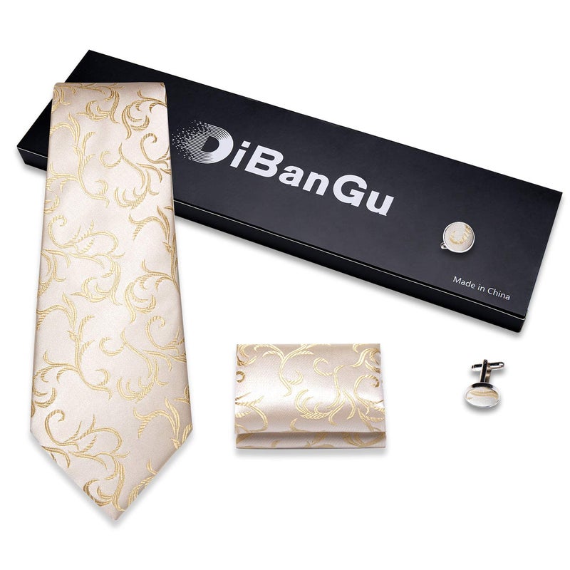 DiBanGu Mens Tie Set Silk Solid Paisley Necktie and Pocket Square Cufflinks Classic Formal Ties for Men Wedding Party, Champagne Gold - Image 4